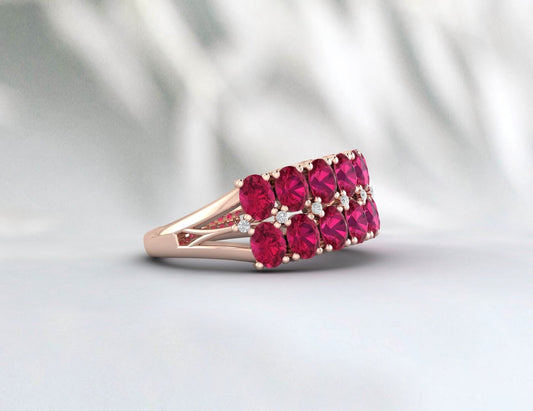 Half Eternity Oval Ruby Wedding Band Dainty Ruby Matching Ring