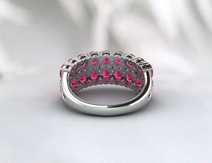 Bague de mariage ovale en rubis demi-éternité, bague assortie en rubis délicat