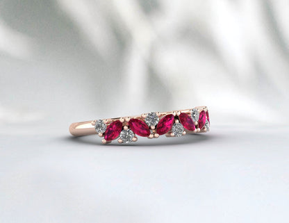 Marquise Cut Ruby Half Eternity Wedding Band Women Moissanite Ring