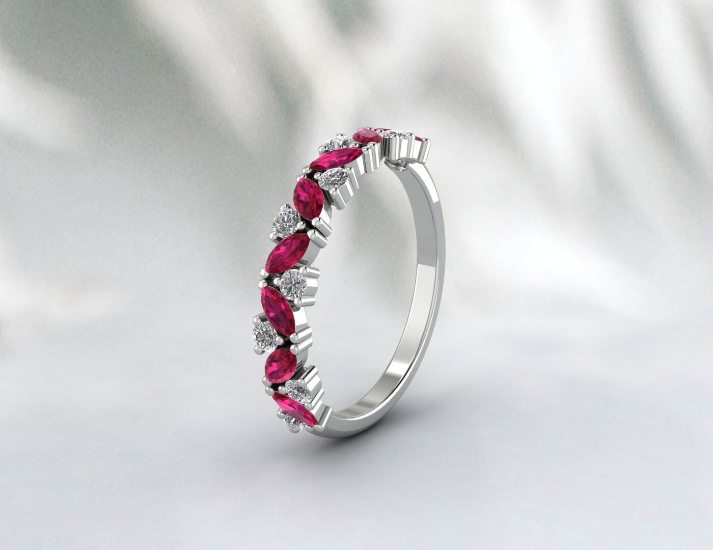 Marquise Cut Ruby Half Eternity Wedding Band Women Moissanite Ring