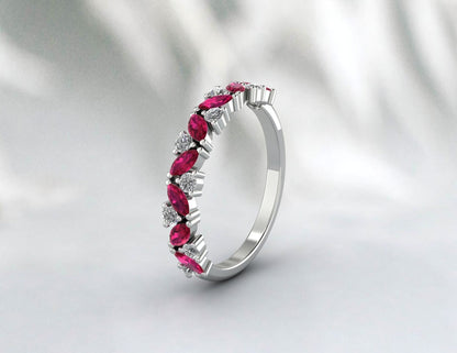 Marquise Cut Ruby Half Eternity Wedding Band Women Moissanite Ring