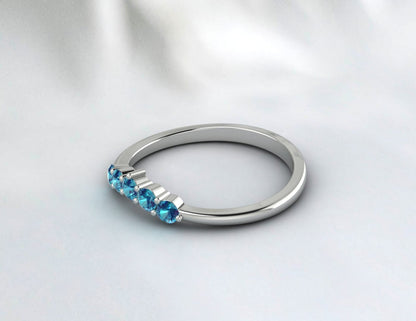 Curved London Blue Topaz Wedding Band Promise Matching Bridal Ring