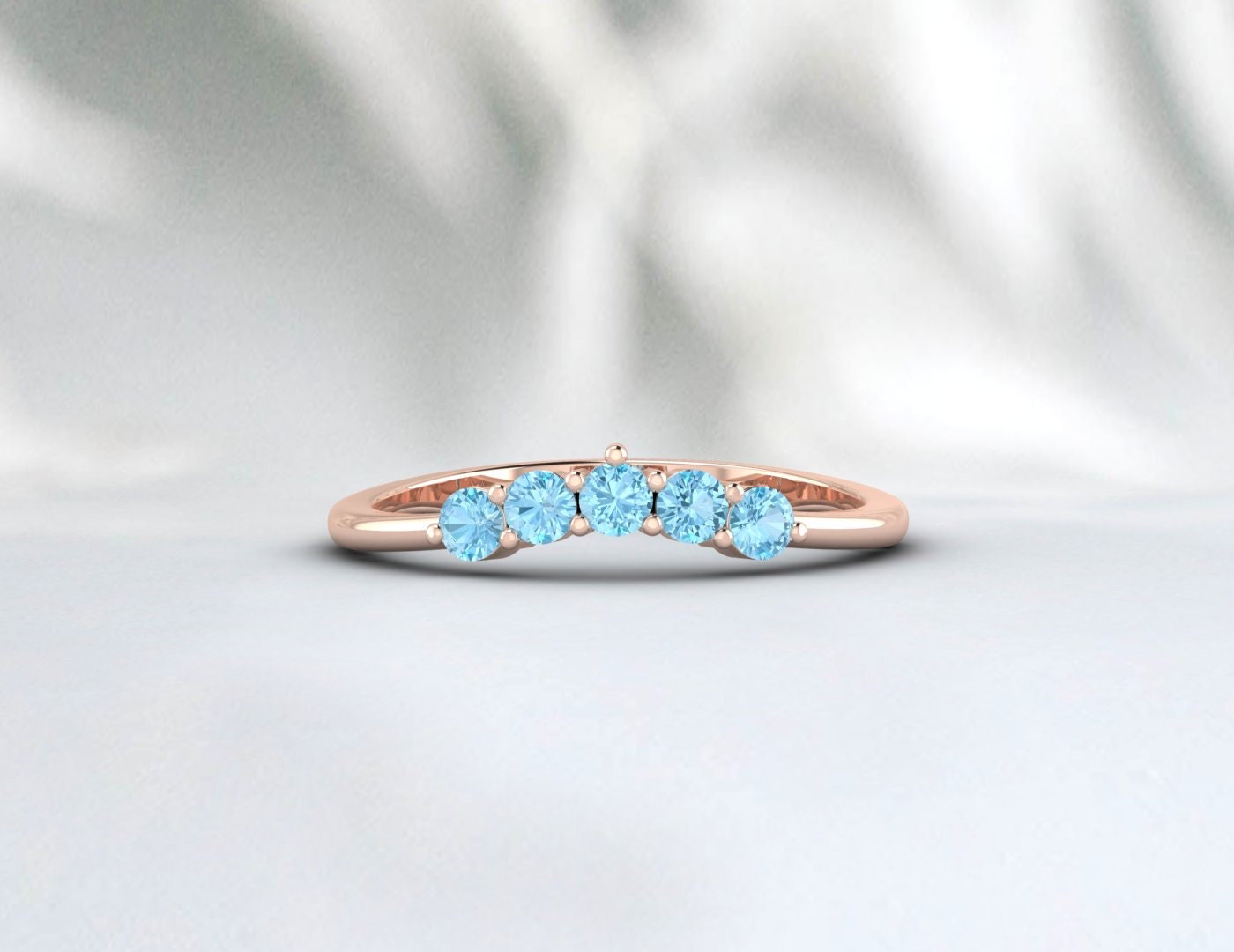 Dainty Aquamarine Chevron Wedding Band, Half Eternity Matching Band, 14K White Gold Micro Pave Anniversary Ring Bridal Gift For Her Lovegift