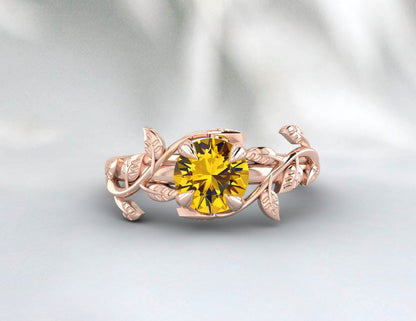 Natural Yellow Citrine Ring, Leaf shaped, November birthstone, Round cut Gemstone, Handmade Gift, Jewelry Rings, Prong Ring, Engagement Ring