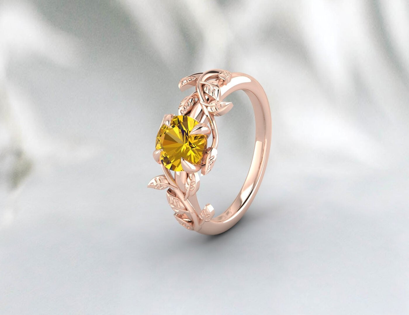 Natural Yellow Citrine Ring, Leaf shaped, November birthstone, Round cut Gemstone, Handmade Gift, Jewelry Rings, Prong Ring, Engagement Ring