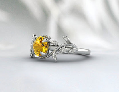 Natural Yellow Citrine Ring, Leaf shaped, November birthstone, Round cut Gemstone, Handmade Gift, Jewelry Rings, Prong Ring, Engagement Ring