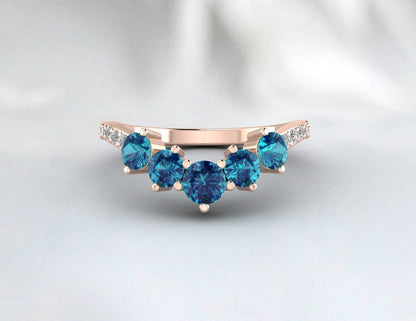 Unique V Shaped London Blue Topaz Wedding Band, 14K Gold Vintage Promise Curve Stackable Matching Band , Sterling Silver, Art Deco Band