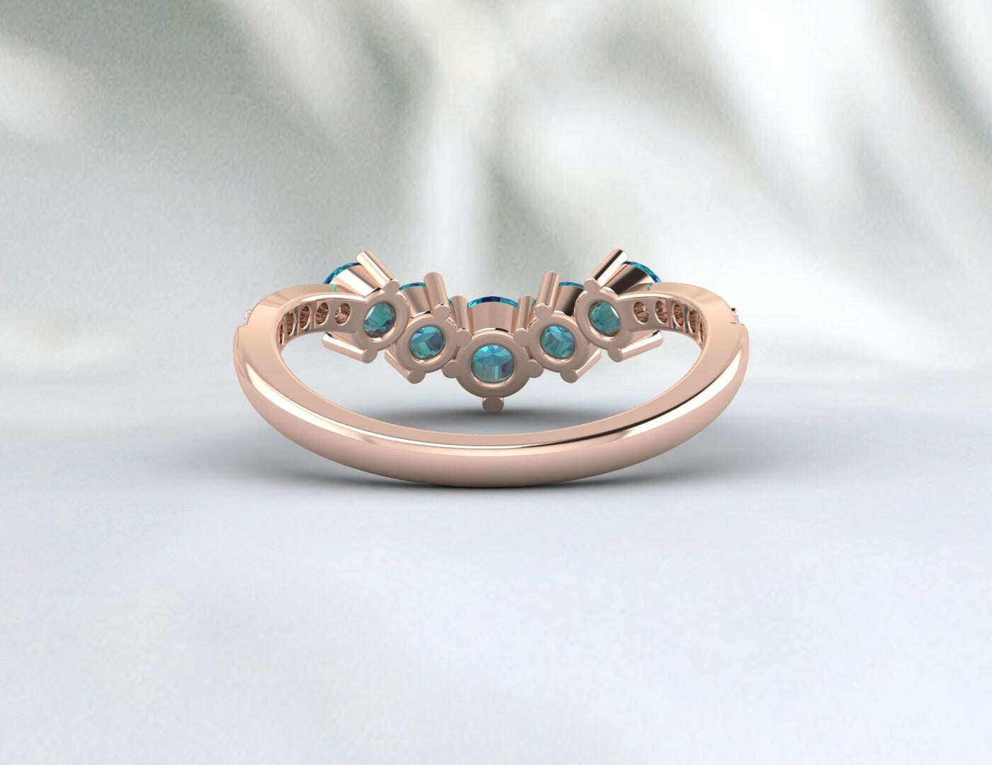 Unique V Shaped London Blue Topaz Wedding Band, 14K Gold Vintage Promise Curve Stackable Matching Band , Sterling Silver, Art Deco Band