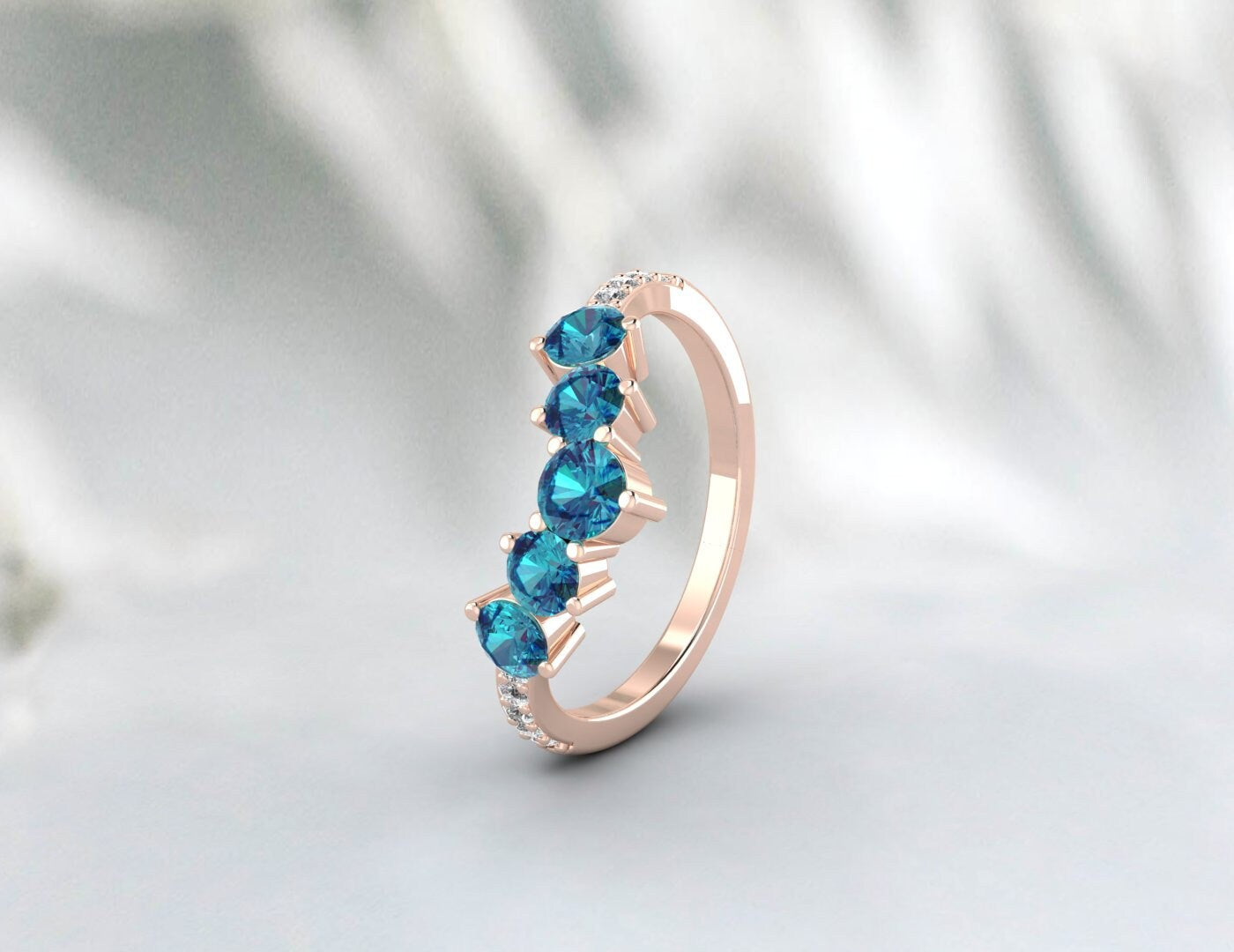 Unique V Shaped London Blue Topaz Wedding Band, 14K Gold Vintage Promise Curve Stackable Matching Band , Sterling Silver, Art Deco Band