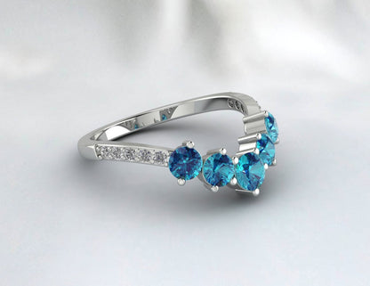 Bande de mariage unique en forme de V de Londres avec topaze bleue, bande assortie empilable à courbe de promesse vintage en or 14 carats, argent sterling, bande Art déco