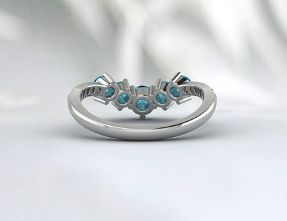 Unique V Shaped London Blue Topaz Wedding Band, 14K Gold Vintage Promise Curve Stackable Matching Band , Sterling Silver, Art Deco Band