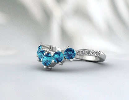 Bande de mariage unique en forme de V de Londres avec topaze bleue, bande assortie empilable à courbe de promesse vintage en or 14 carats, argent sterling, bande Art déco