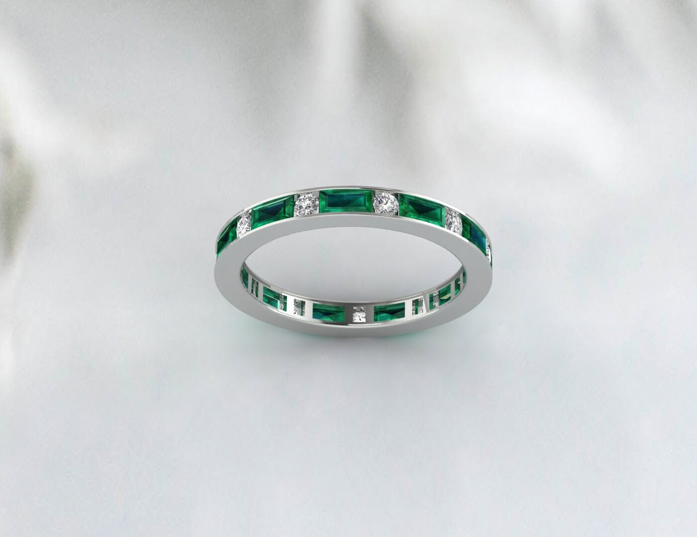 Bague d'empilage d'alliances en émeraude verte et moissanite baguette