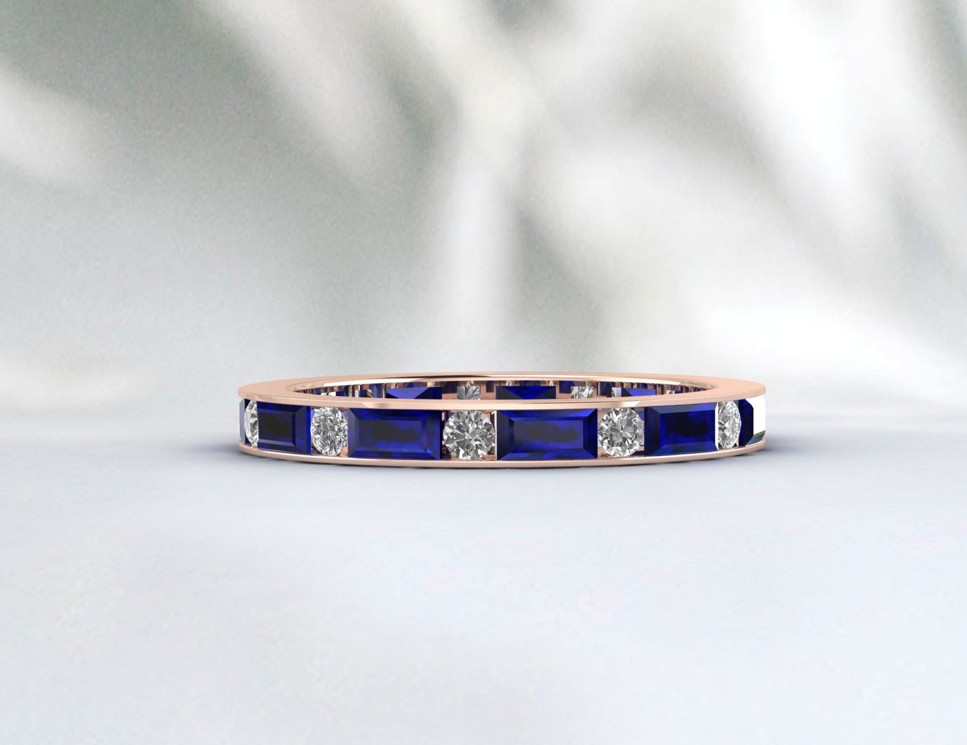 Baguette Sapphire Engagement Ring Art Deco Diamond Wedding Band