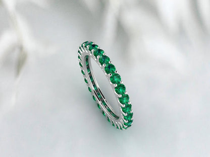 Unique Dainty Emerald Ring May Birthstone Band Round Emerald Silver Ring Stacking Ring Gemstones Ring Wedding Band Anniversary Gift