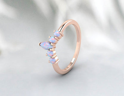 Curved Opal Unique Wedding Band Women Vintage Marquise Bridal Ring