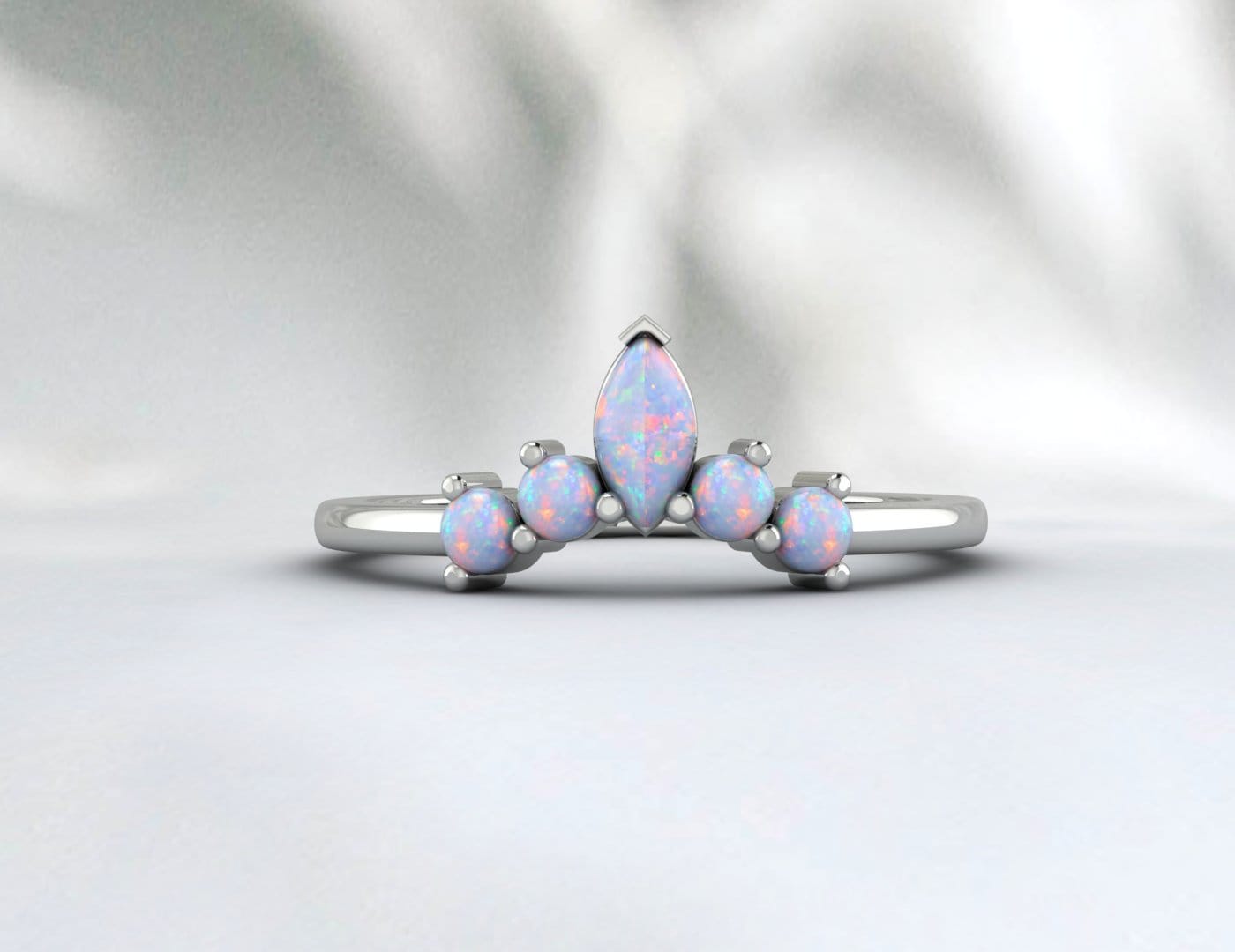 Curved Opal Unique Wedding Band Women Vintage Marquise Bridal Ring