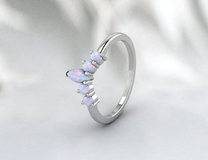 Curved Opal Unique Wedding Band Women Vintage Marquise Bridal Ring