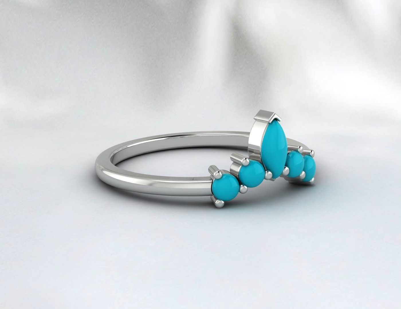 Bague de mariage vintage bleu turquoise taille marquise incurvée à 5 pierres