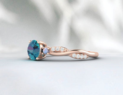 Round London Blue Topaz engagement ring, vintage opal ring,  Diamond ring for women rose gold ring jewelry unique anniversary wedding ring