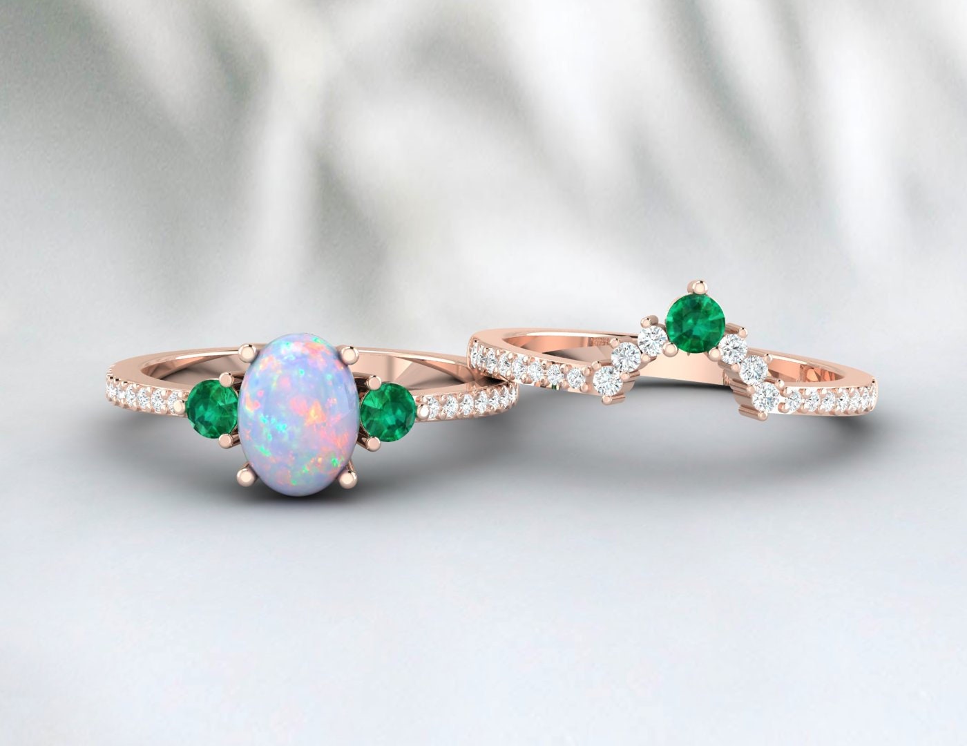 Vintage Opal Emerald ring set, Rose gold opal bridal set, Oval cut opal emerald ring, Unique Curved diamond stacking band, Promise ring