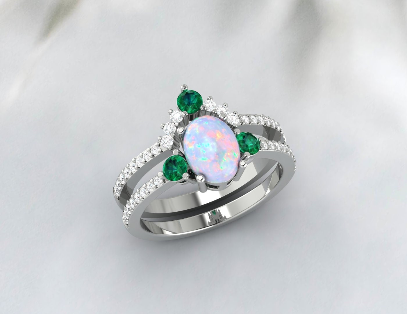 ensemble de bagues Opal Emerald vintage, ensemble nuptial opale en or rose, bague émeraude opale taille ovale, bande d’empilage de diamants incurvés uniques, bague Promise