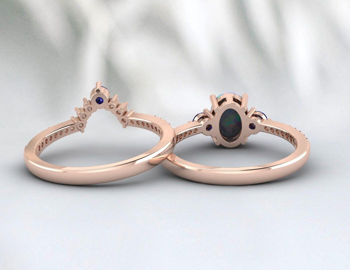 Opale arc-en-ciel australienne et saphir bleu Bridel Set 14k Rose Gold Bague de fiançailles Set 925 Sterling Silver Matching Band Set Cadeau pour l’amour