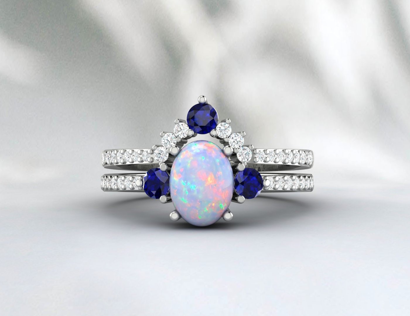 Australian Rainbow Opal And Blue Sapphire Bridel Set 14k Rose Gold Engagement Ring Set 925 Sterling Silver Matching Band Set Gift For Love