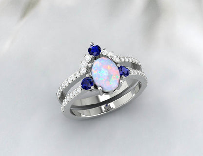 Australian Rainbow Opal And Blue Sapphire Bridel Set 14k Rose Gold Engagement Ring Set 925 Sterling Silver Matching Band Set Gift For Love