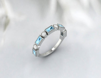 Baguette Cut Aquamarine Ring Half Eternity Diamond Wedding Band