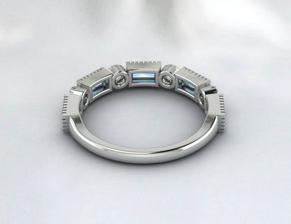 Baguette Cut Aquamarine Ring Half Eternity Diamond Wedding Band