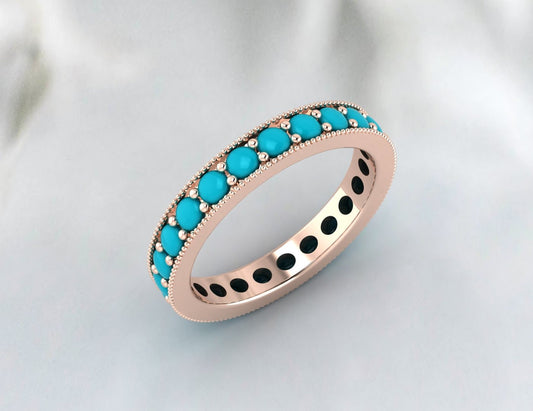 Blue Turquoise Wedding Band, 14k 18k gold, Natural Round Cabochon Dainty Band, Eternity Round Band, Turquoise Gold Ring Band, Wedding gift