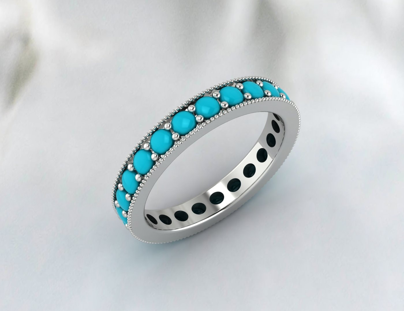 Bande de mariage turquoise bleue, or 14 carats 18 carats, bande délicate de cabochon rond naturel, bande ronde d’éternité, bande d’anneau en or turquoise, cadeau de mariage