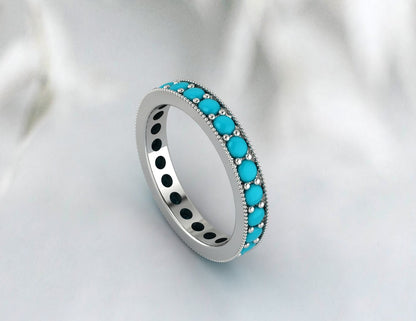 Bande de mariage turquoise bleue, or 14 carats 18 carats, bande délicate de cabochon rond naturel, bande ronde d’éternité, bande d’anneau en or turquoise, cadeau de mariage