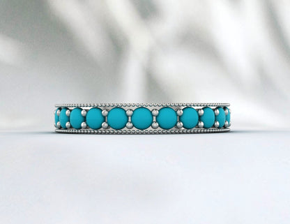 Blue Turquoise Wedding Band, 14k 18k gold, Natural Round Cabochon Dainty Band, Eternity Round Band, Turquoise Gold Ring Band, Wedding gift