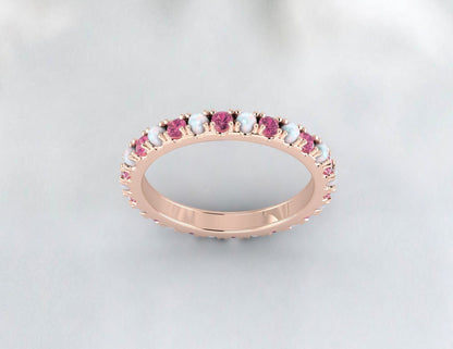 Opal and Pink Tourmaline Wedding Band 14K Rose Gold Opal Wedding Ring October Birthstone Ring Gemstone Band Stackable Ring Anniversary Gift