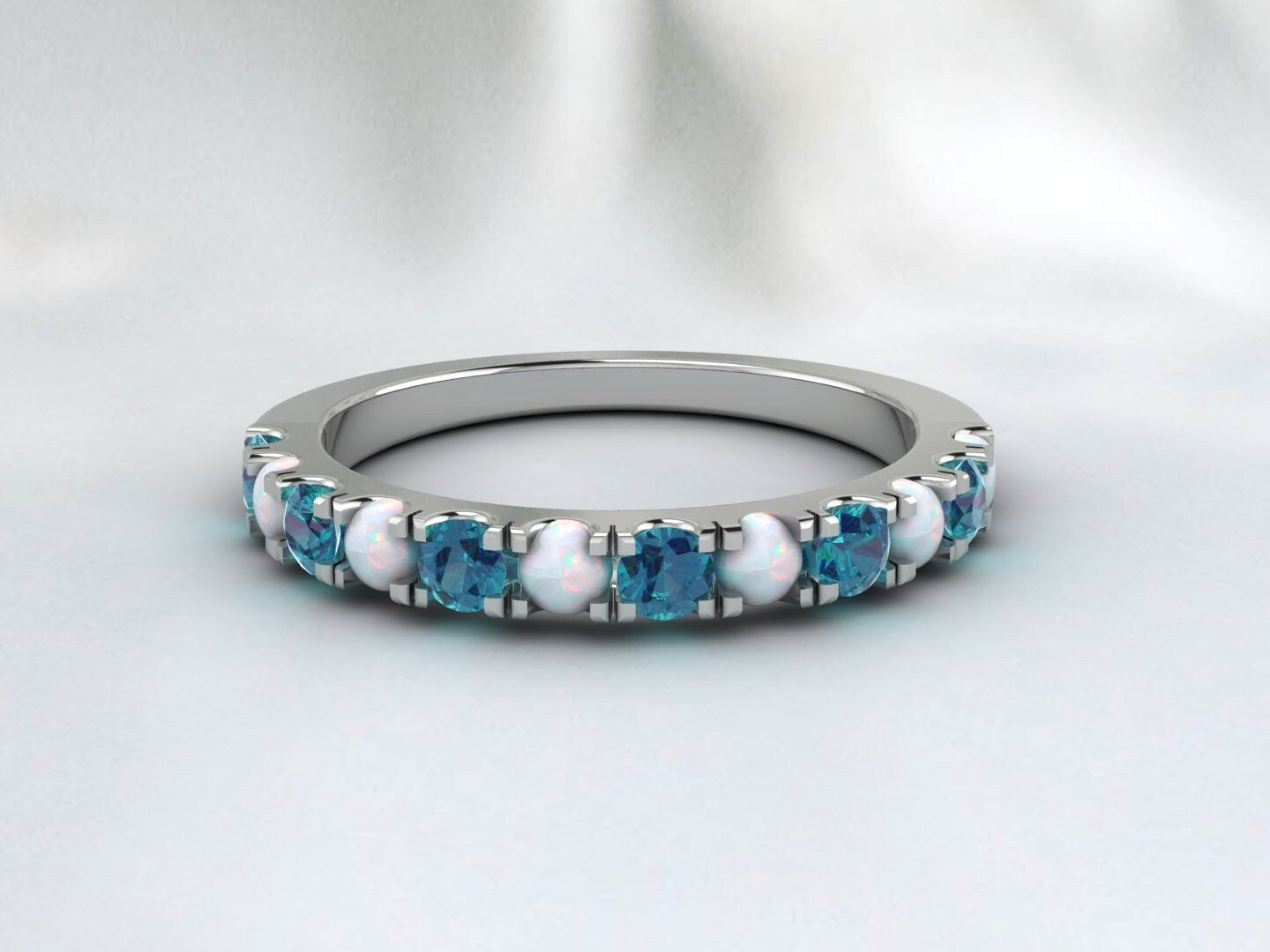 Fire Opal & Blue Topaz Wedding Band For Women's Ring Engagement Ring