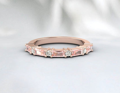 Peach Morganite Baguette Cut Diamond Ring Women Bridal Wedding Band