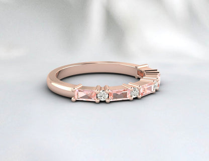 Peach Morganite Baguette Cut Diamond Ring Women Bridal Wedding Band