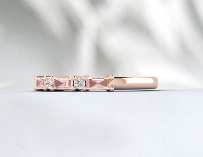 Peach Morganite Baguette Cut Diamond Ring Women Bridal Wedding Band