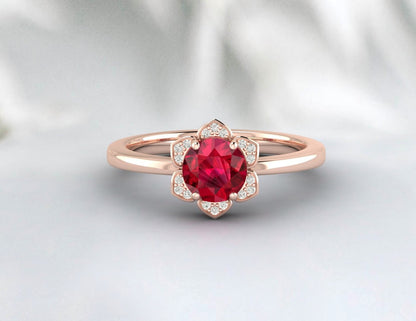 Unique Flower Ruby Diamond Wedding Ring July Birthstone Ring