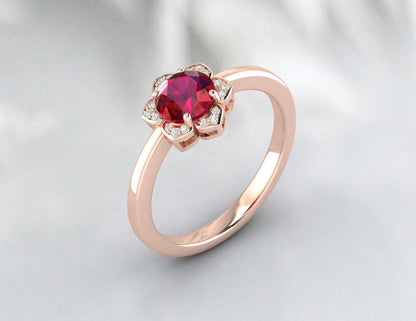 Bague de mariage unique en diamant rubis et fleur, bague avec pierre de naissance de juillet