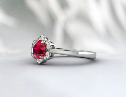 Unique Flower Ruby Diamond Wedding Ring July Birthstone Ring