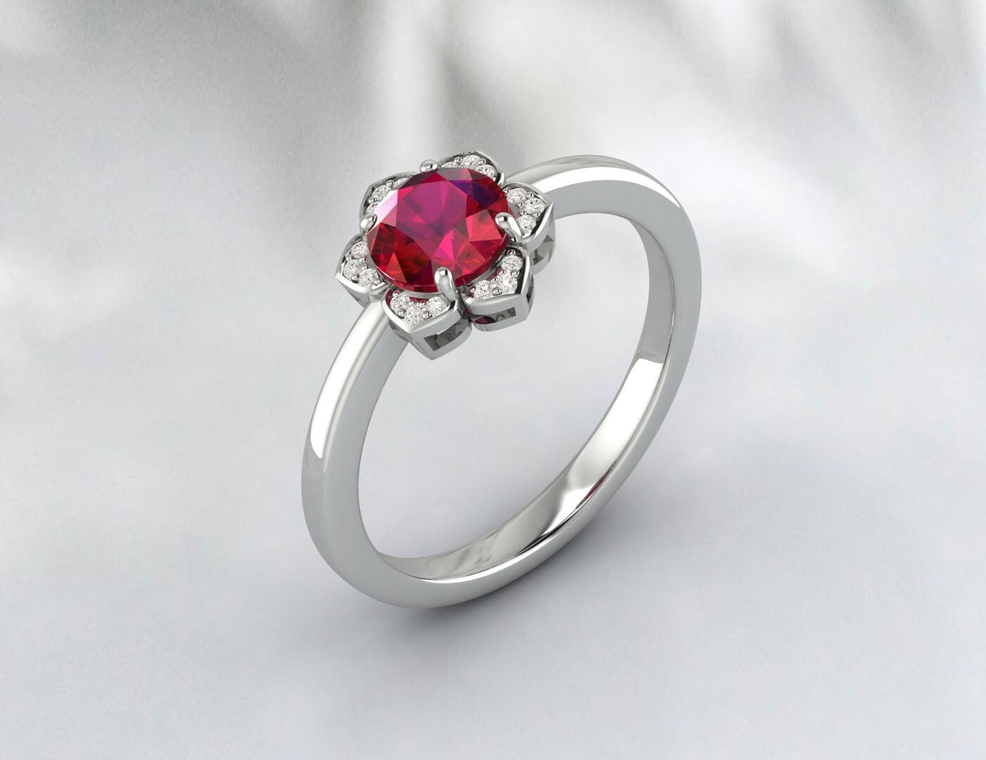 Unique Flower Ruby Diamond Wedding Ring July Birthstone Ring