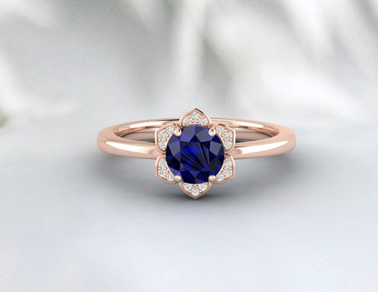 Flower Blue Sapphire ring Unique Diamond Ring Silver Engagement Ring