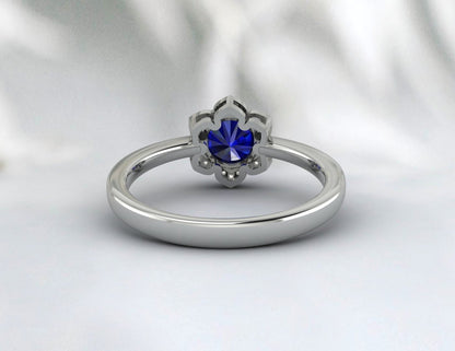 Flower Blue Sapphire ring Unique Diamond Ring Silver Engagement Ring