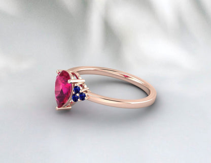 Bague saphir rubis poire naturelle, pierre de naissance de juillet, bande d'anniversaire