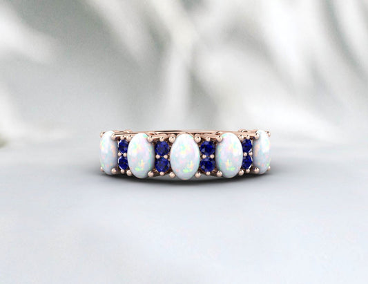 Opal With Blue Sapphire Silver Band Half Eternity Band Wedding Band