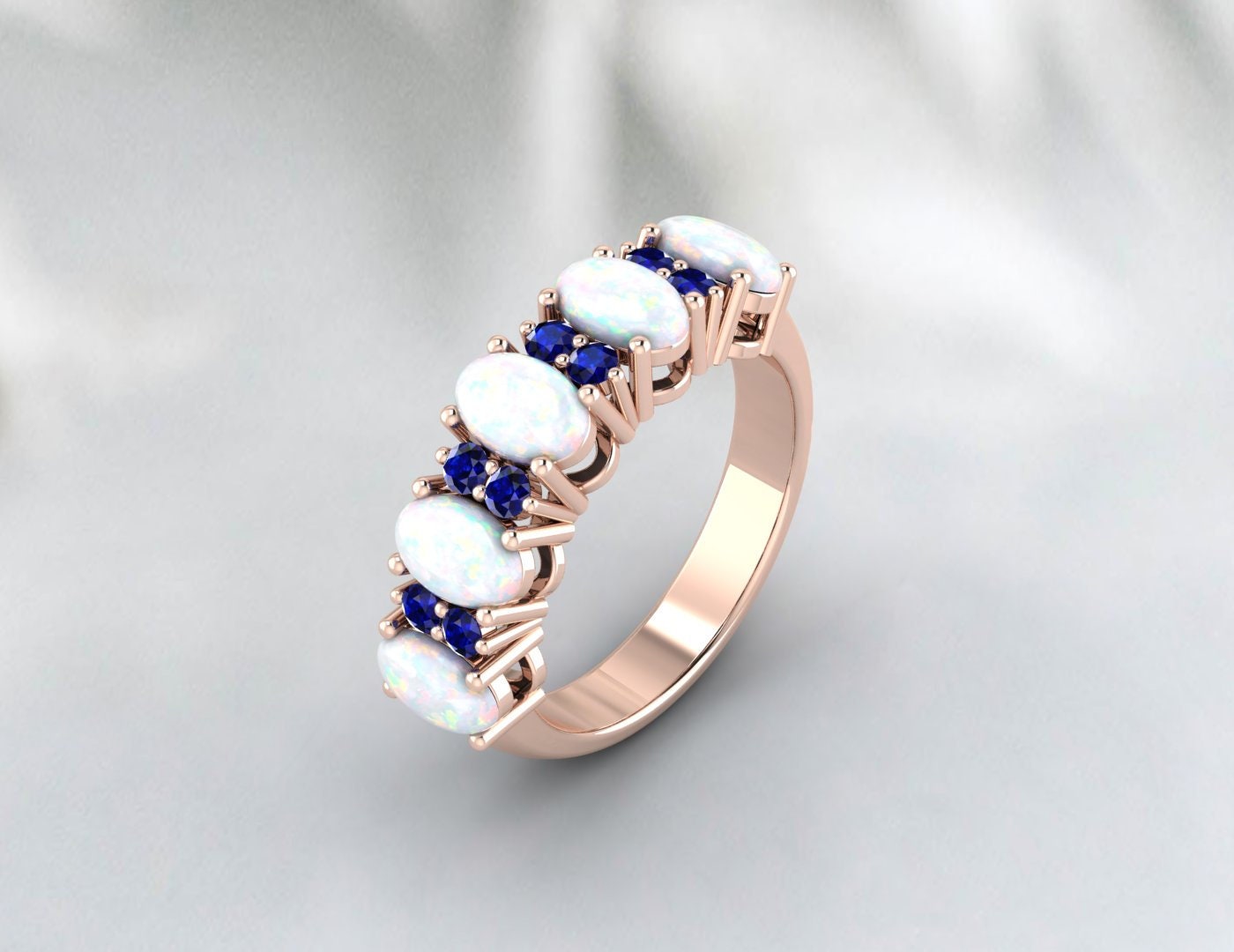 Opal With Blue Sapphire Silver Band Half Eternity Band Wedding Band