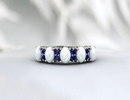 Opal With Blue Sapphire Silver Band Half Eternity Band Wedding Band